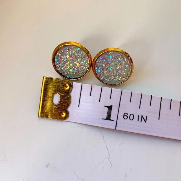 White Iridescent Prism Faux Druzy Quartz Sparkly Gold Rainbow Iced Earrings NEW - Picture 10 of 10